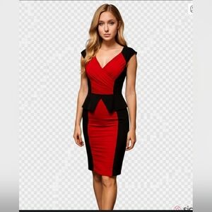 Joseph Ribkoff Red &Black Peplum Dress, Size 6, Fully Lined,Long Zipper,GUC